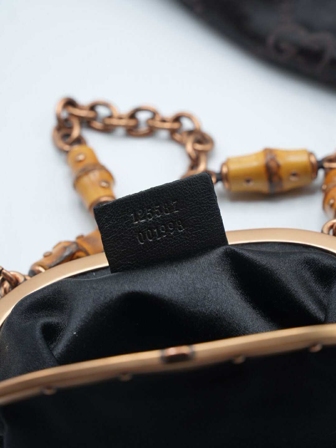 Gucci Black Satin Flower Embellished Bamboo Lock Mini Chain