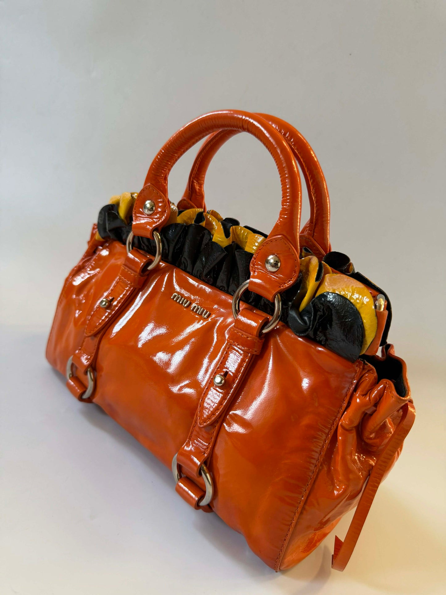 Miu Miu Orange Patent Raffled Black & Yellow Trim Handbag
