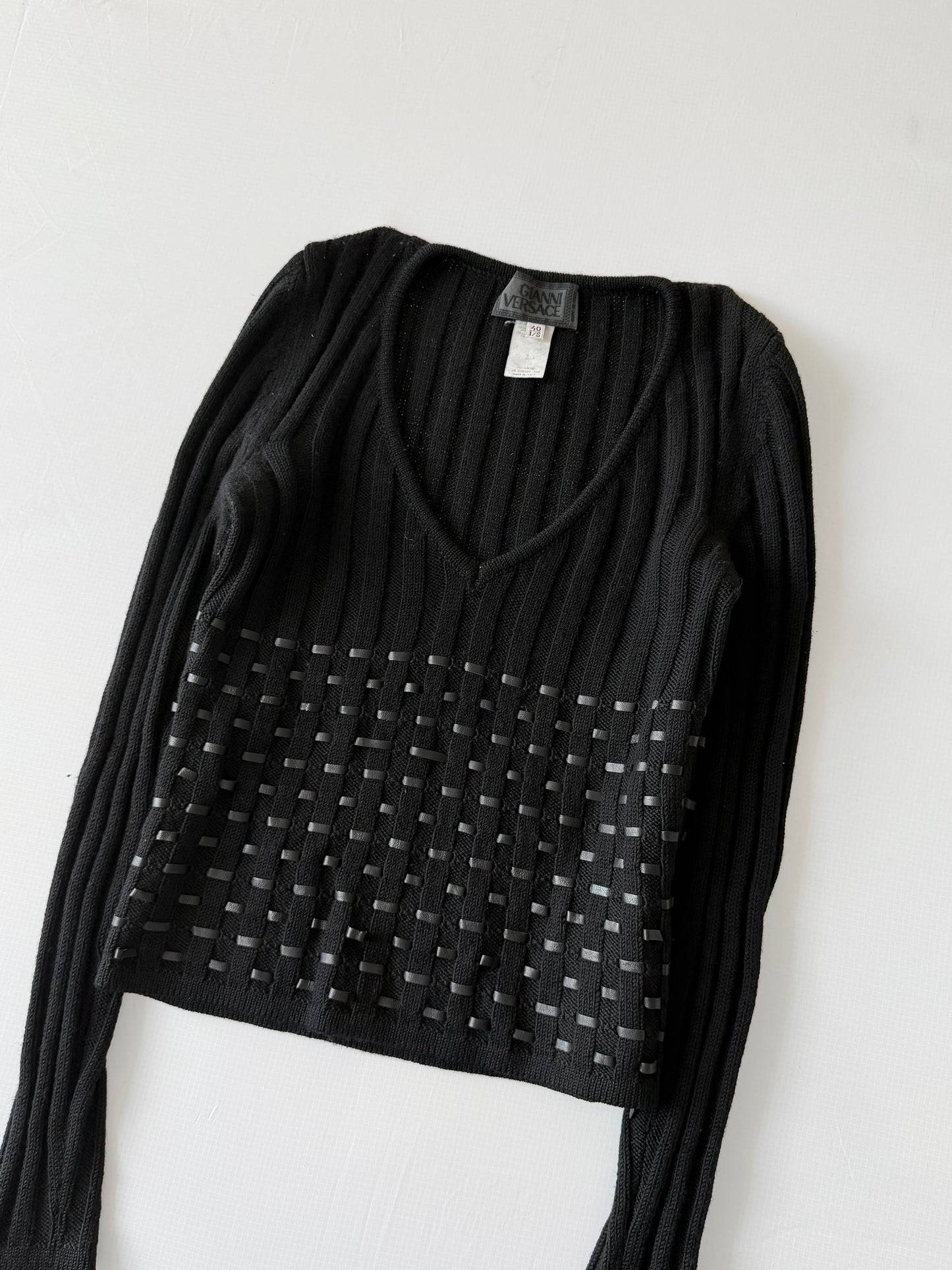 2000’s Gianni Versace Leather Horizontal Lined Knit Sweater