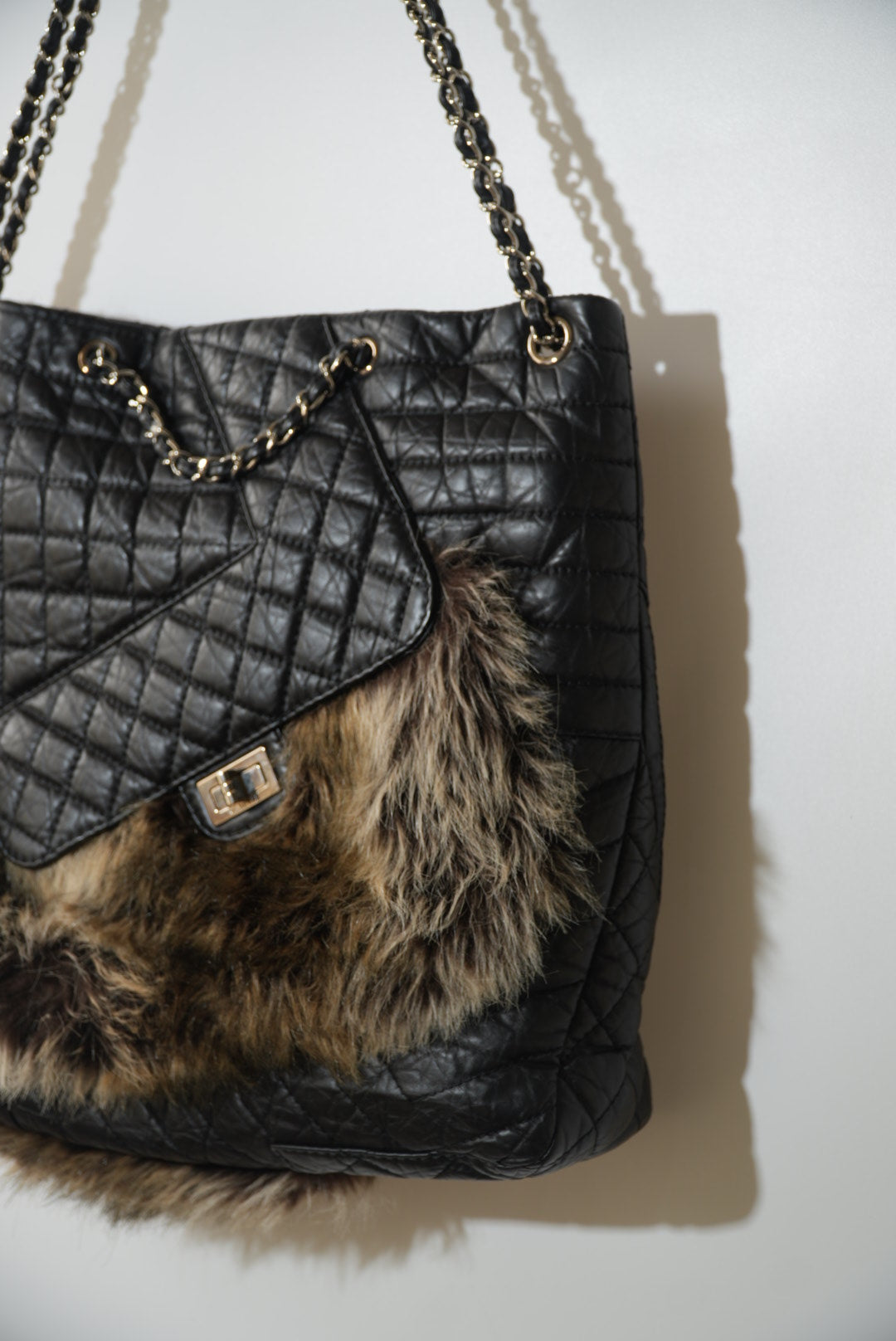 Chanel Black Quilted Karl's Cabas Fantasy Fur Tote Bag