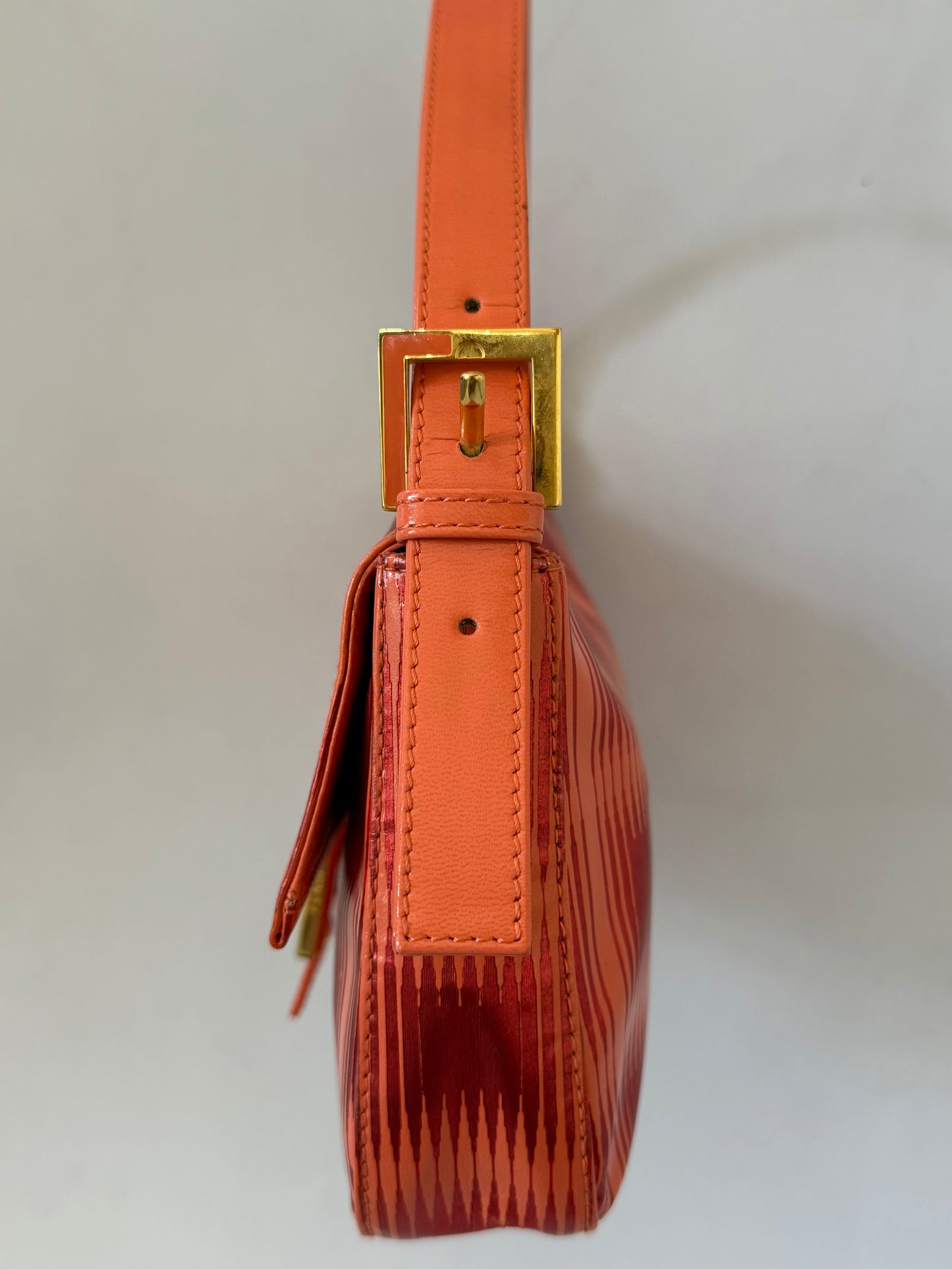 Fendi Baguette Orange Patent Leather Striped Gold Hardware