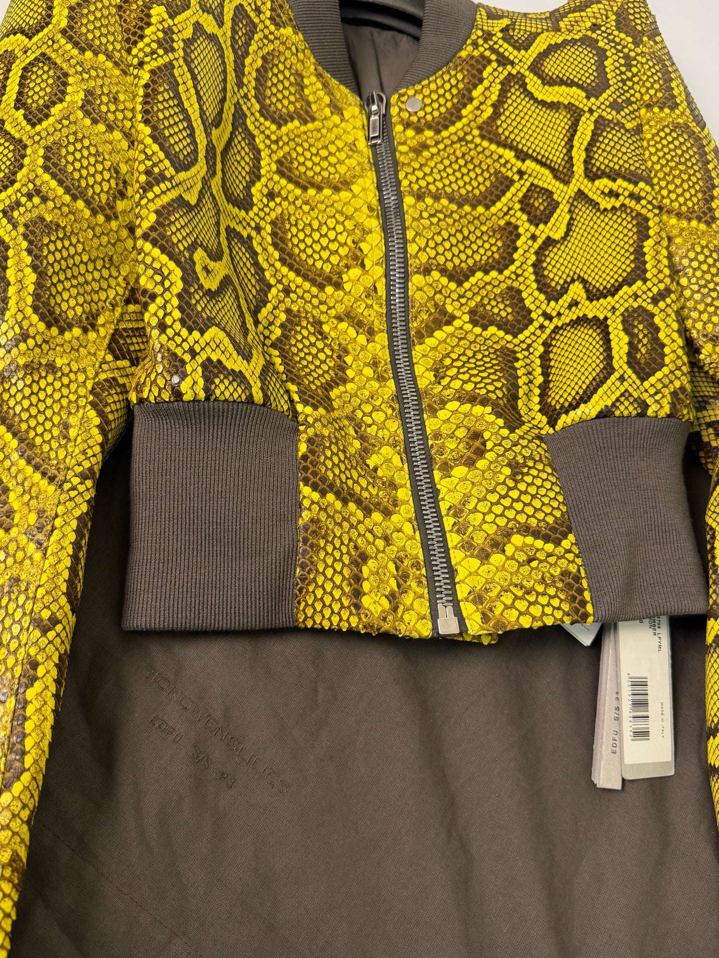 SS23 Rick Owens Python Leather Bomber Jacket in Lemon Yellow