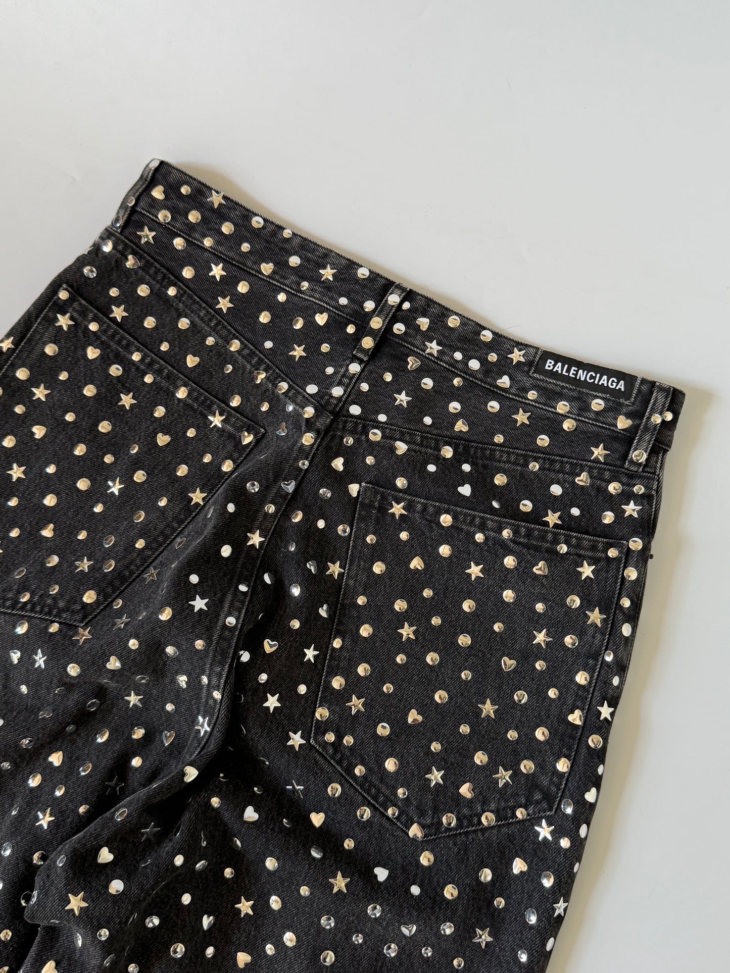 Balenciaga Black Denim Pants Silver Studded Embellishments