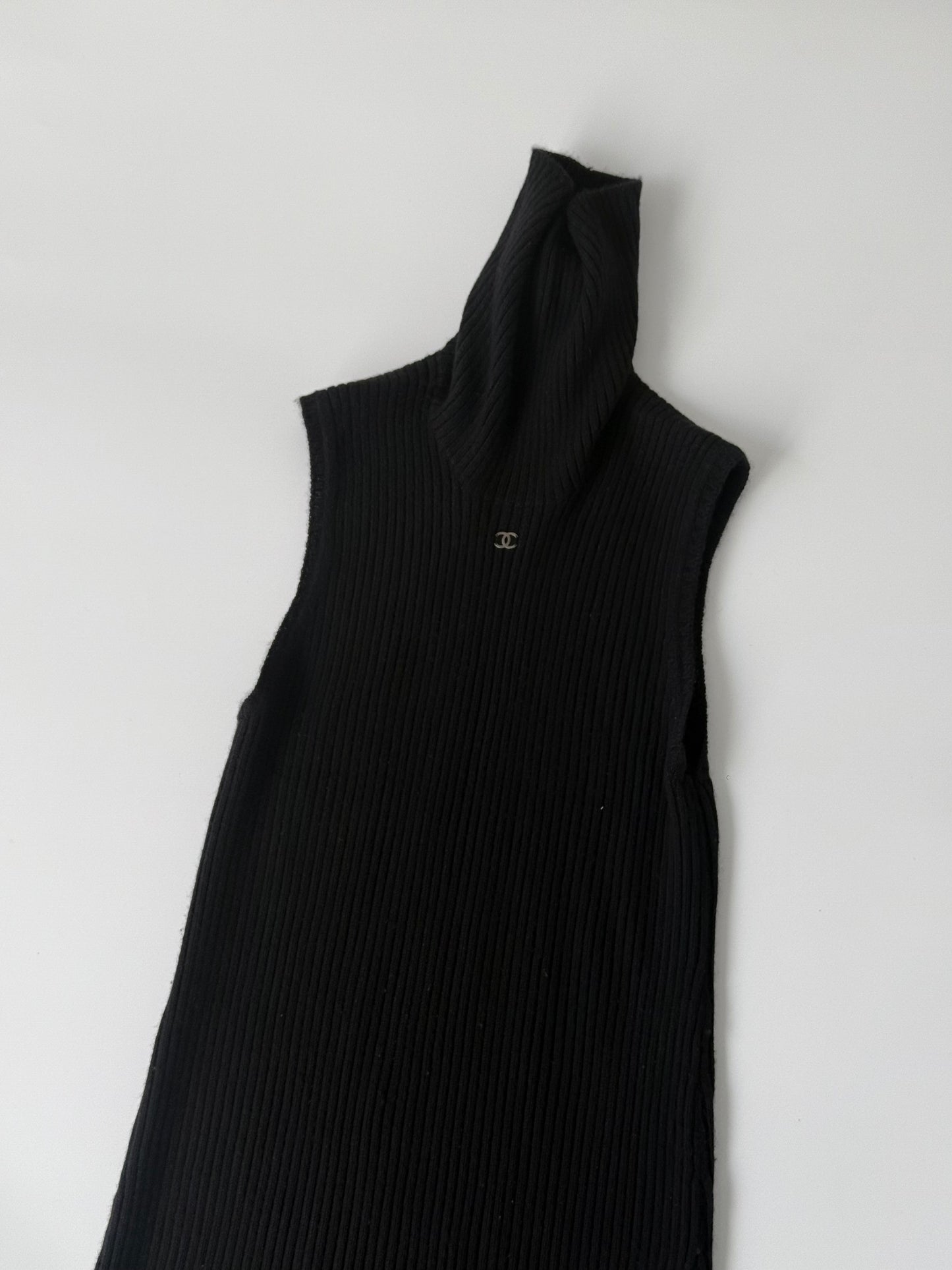 Chanel Black Pleated Turtle Neck Maxi Dress