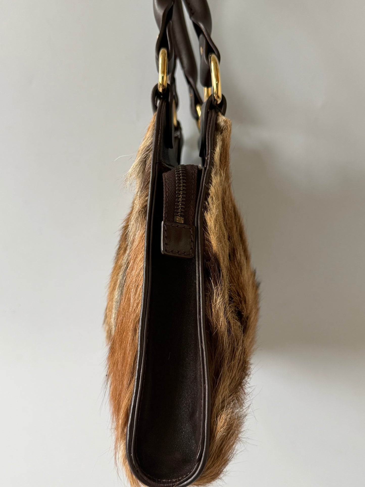 Fendi 2003 Brown Fox Fur Small Devil Trapezio Tote Bag