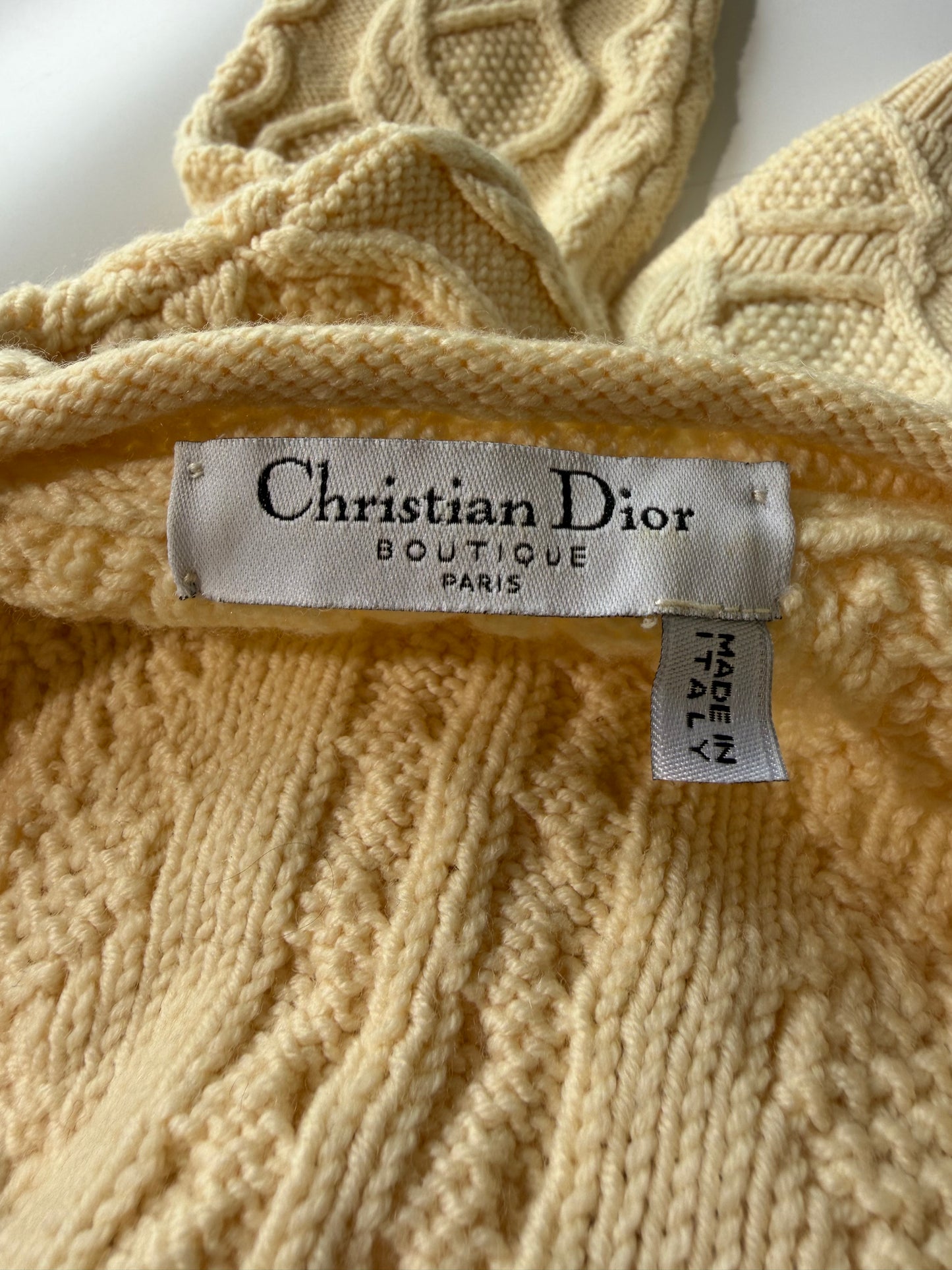 Vintage Christian Dior 80s Yellow Cable-Knit V-Neck Sweater