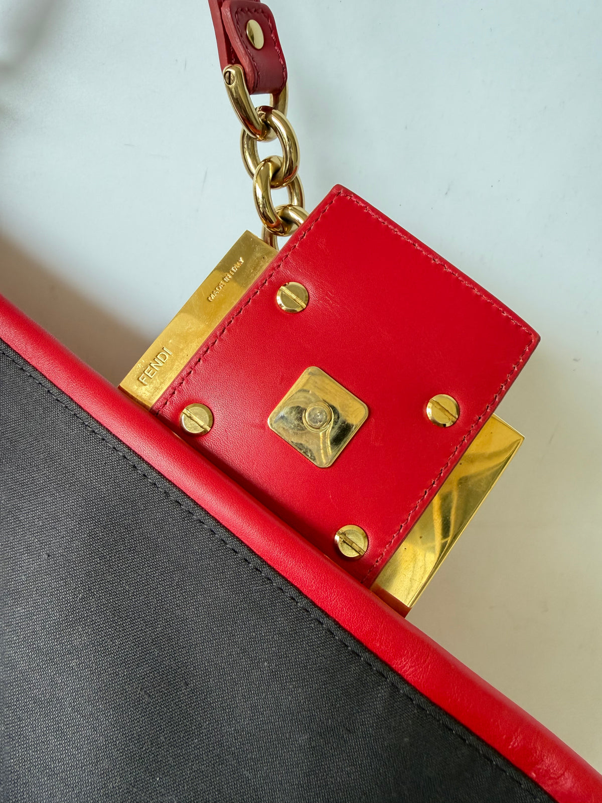 Fendi Red Baguette Mamma Snakeskin FF Logo Clasp