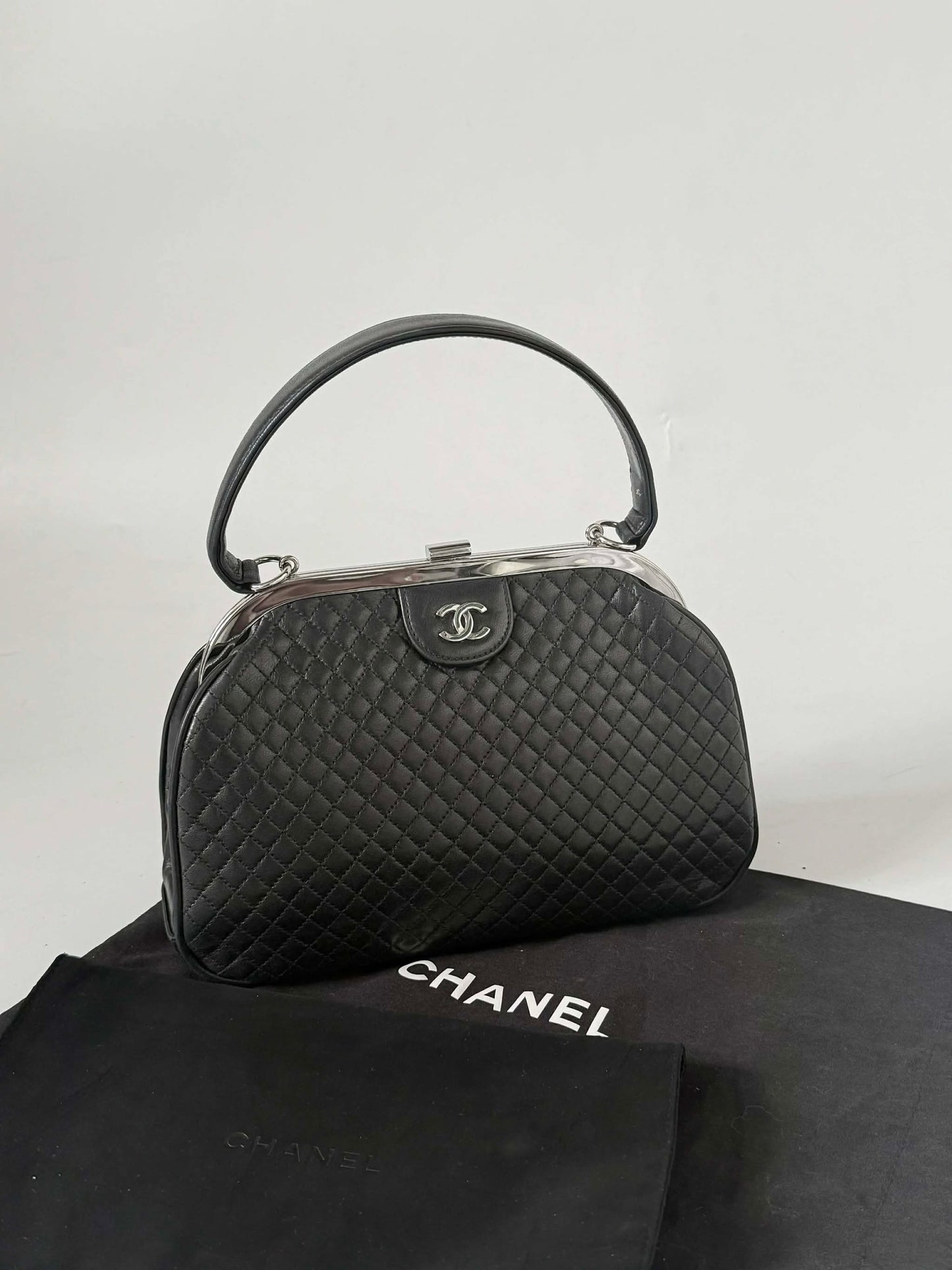 Vintage Chanel Black CC Quilted Kiss Lock Frame Bag