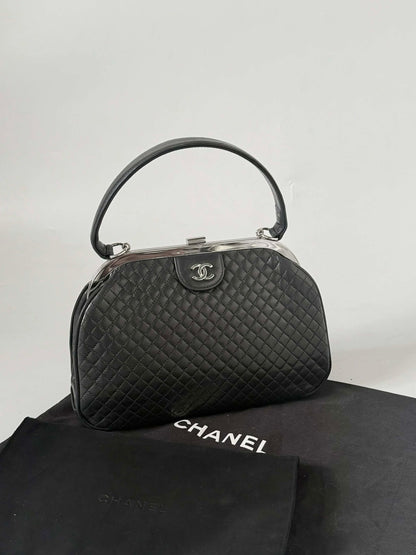 Vintage Chanel Black CC Quilted Kiss Lock Frame Bag