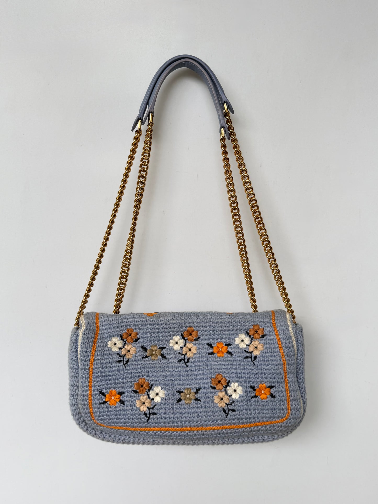 Fendi 2021 Light Blue Wool Knit Floral Baguette