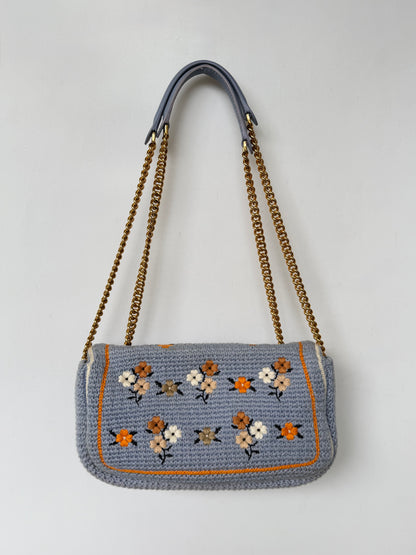 Fendi 2021 Light Blue Wool Knit Floral Baguette