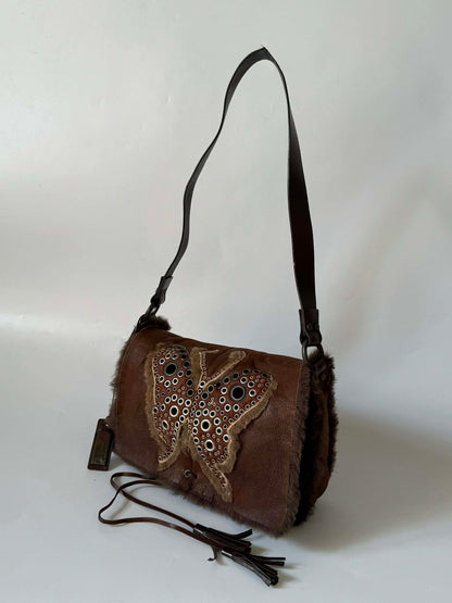 Dolce & Gabbana Brown Suede Butterfly Embellished Flap Bag