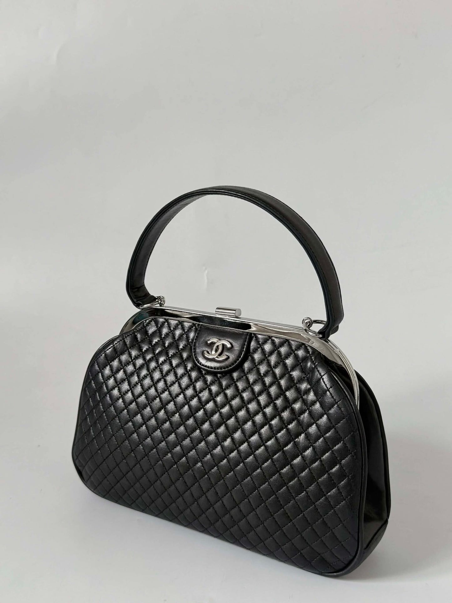 Vintage Chanel Black CC Quilted Kiss Lock Frame Bag