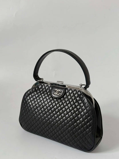Vintage Chanel Black CC Quilted Kiss Lock Frame Bag