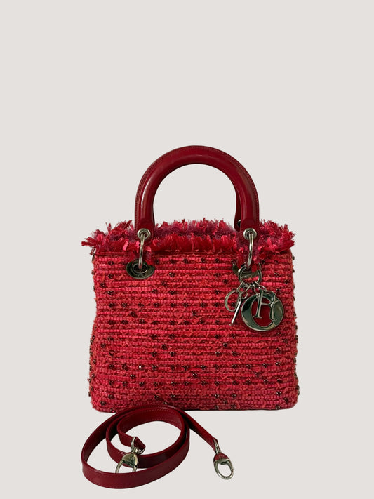 Christian Dior 2012 Tweed Fringe Rhinestone Lady Dior Bag