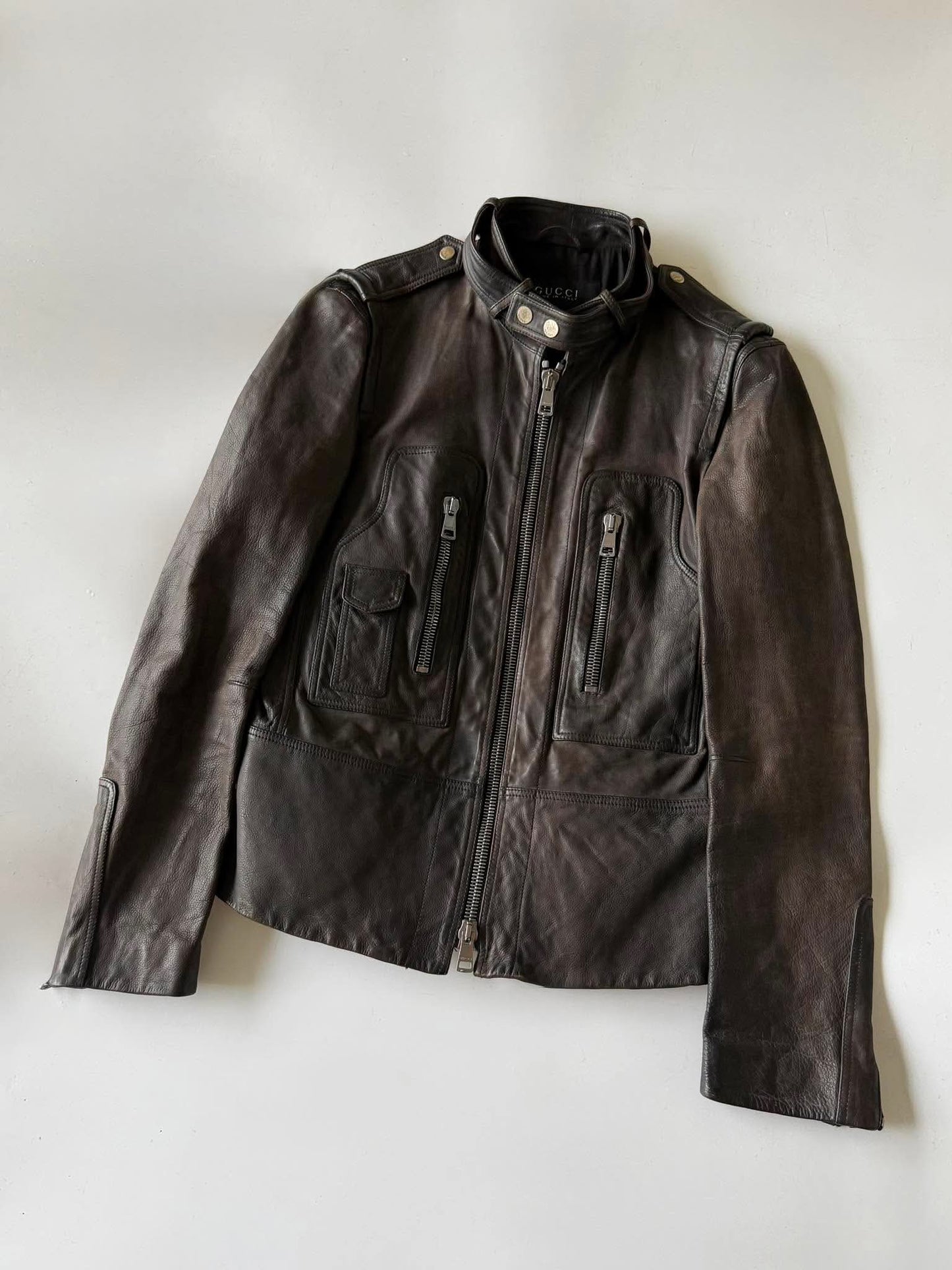 SS2011 GUCCI BROWN ERODED LEATHER PREMIUM JACKET