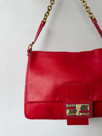 Fendi Red Baguette Mamma Snakeskin FF Logo Clasp