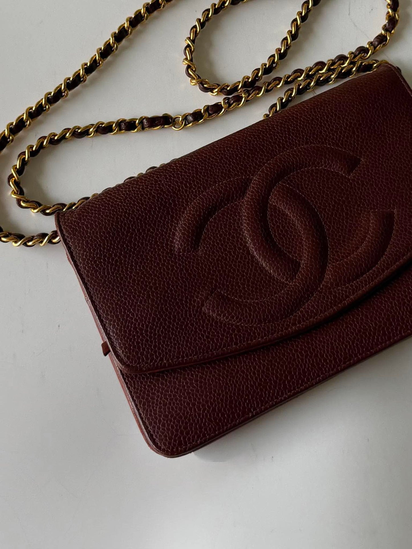 Vintage Chanel Burgundy Caviar Timeless CC Wallet on Chain