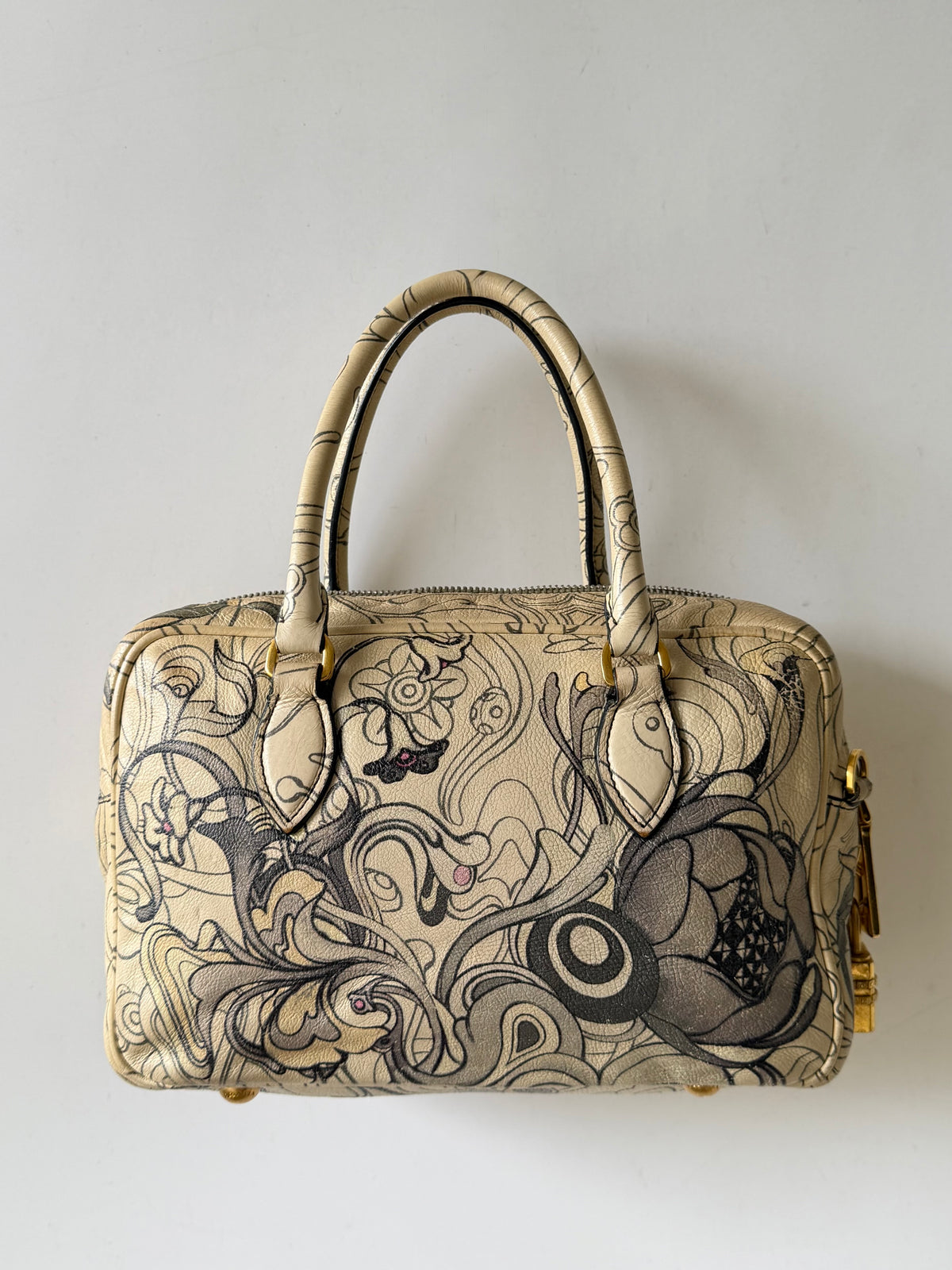 Prada x James Jean Glace Calf Rabbit Print Bauletto Opaline