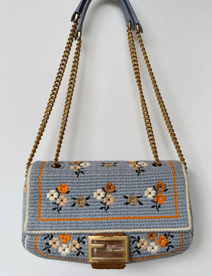 Fendi 2021 Light Blue Wool Knit Floral Baguette