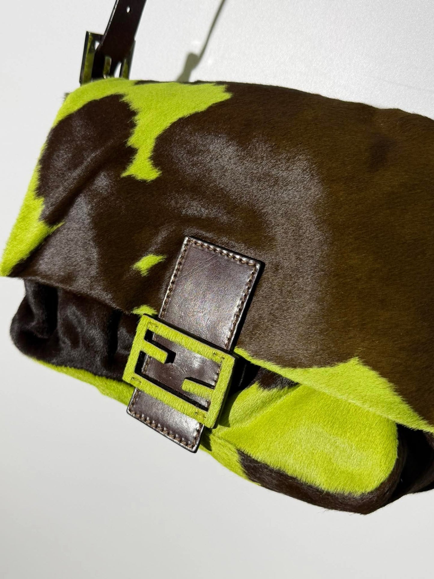 Vintage Fendi Ponyhair Mama Baguette Green/Brown Cow Print