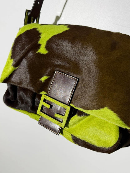 Vintage Fendi Ponyhair Mama Baguette Green/Brown Cow Print