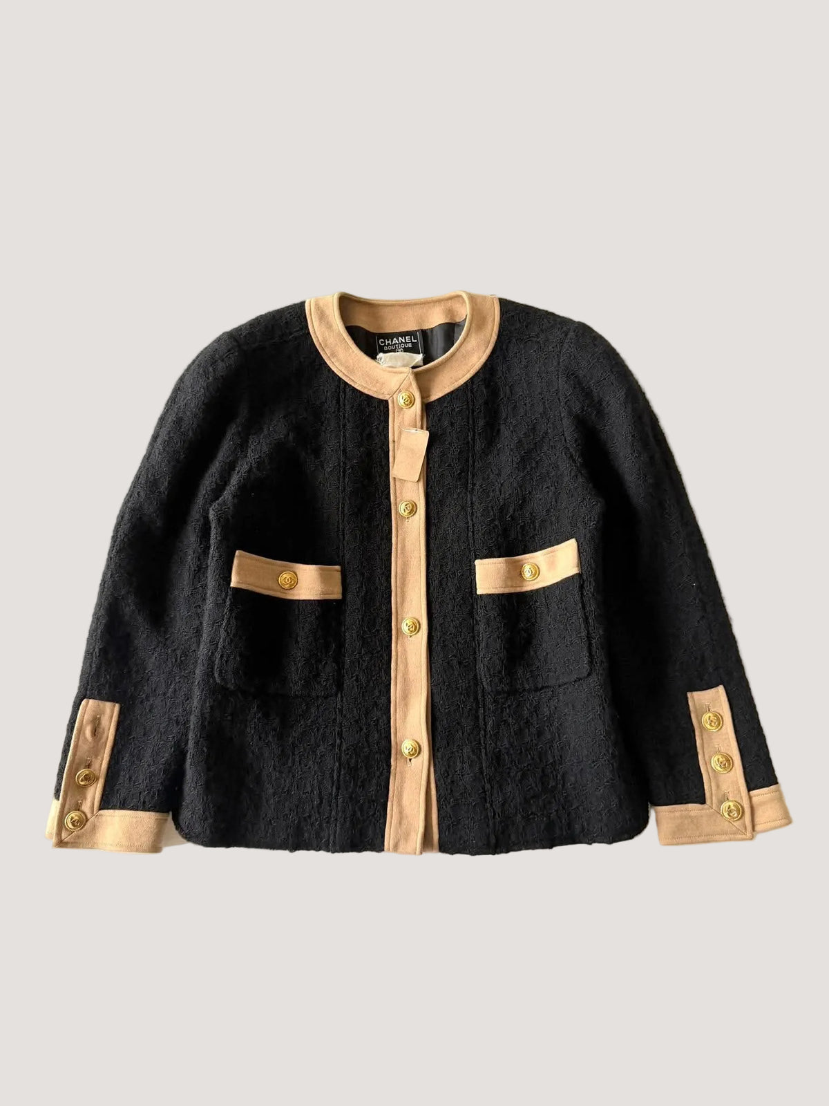 Vintage Chanel Boutique Black Collarless  Tweed Jacket