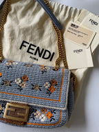 Fendi 2021 Light Blue Wool Knit Floral Baguette