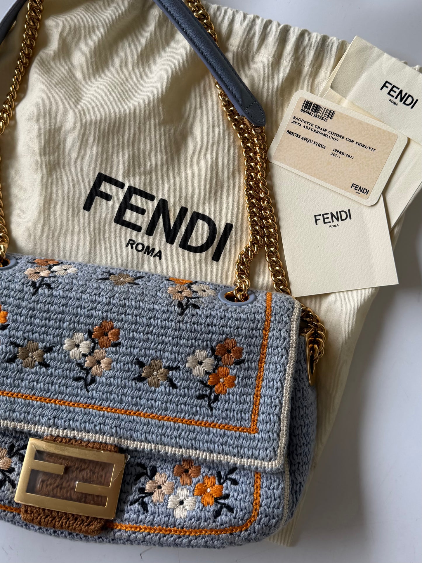 Fendi 2021 Light Blue Wool Knit Floral Baguette