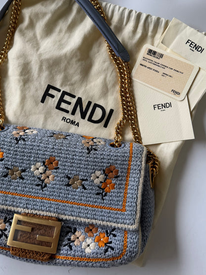Fendi 2021 Light Blue Wool Knit Floral Baguette