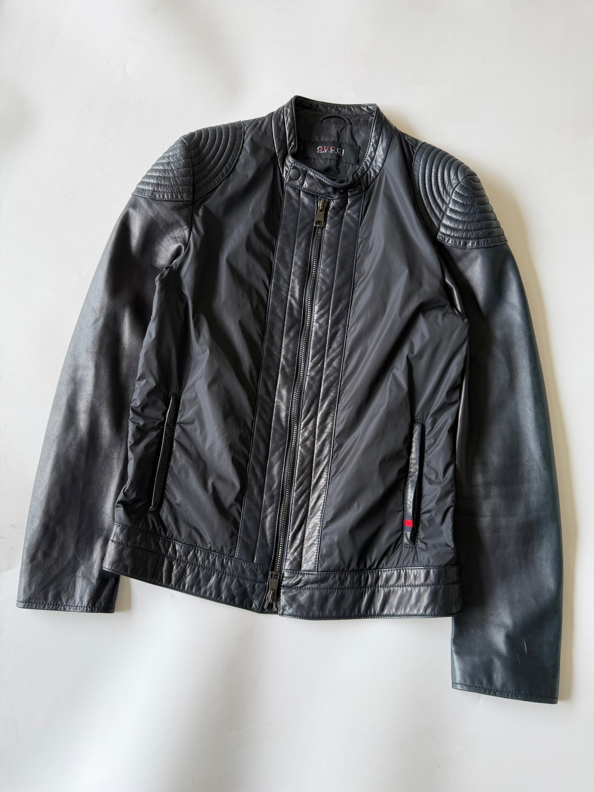 Gucci Men's Nylon-Switching Biker Leather Jacket