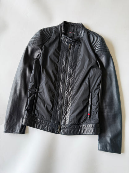Gucci Men's Nylon-Switching Biker Leather Jacket