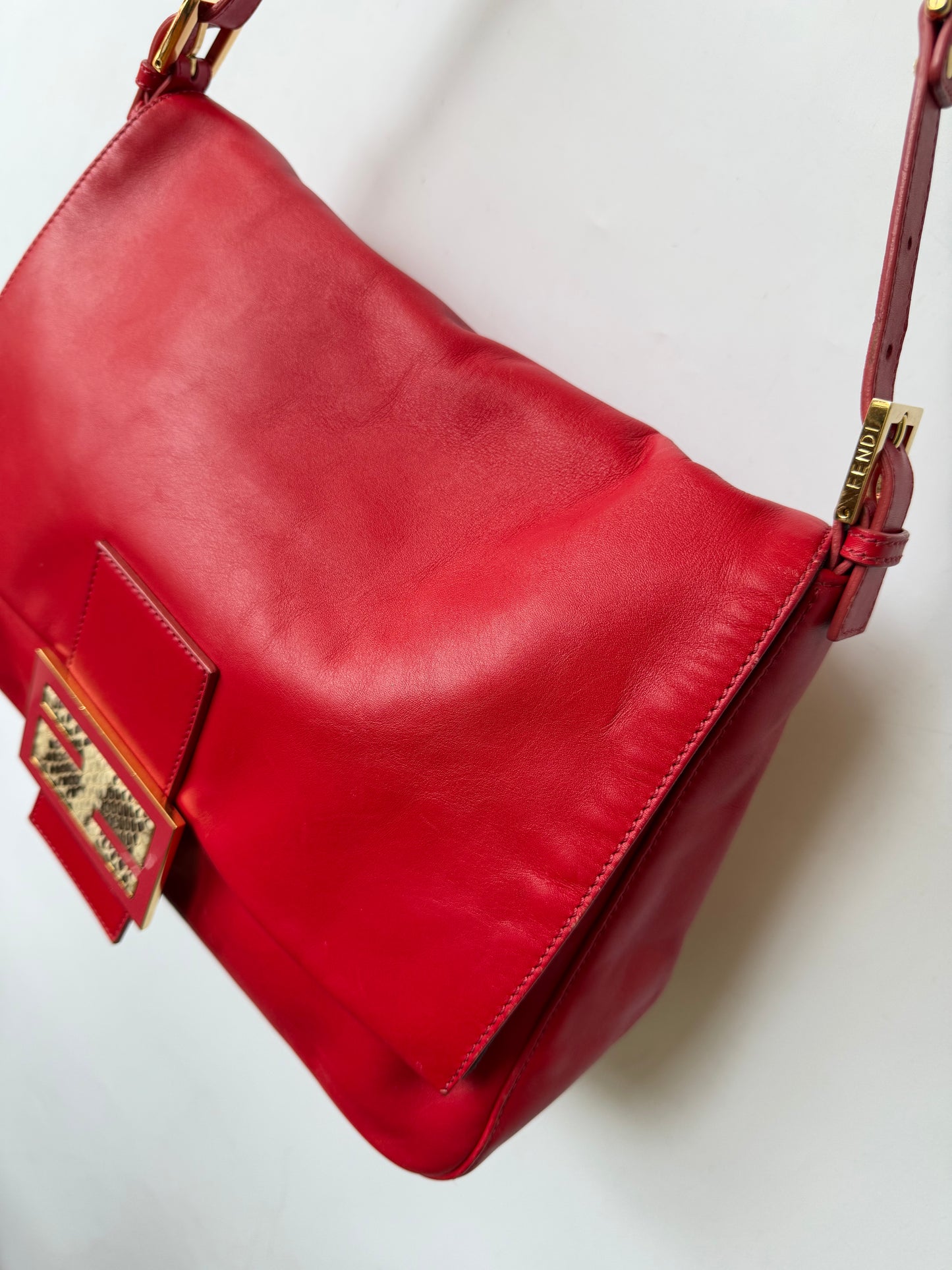 Fendi Red Baguette Mamma Snakeskin FF Logo Clasp