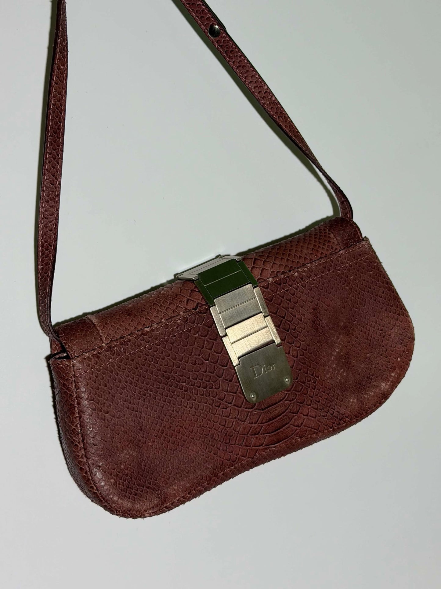 Christian Dior Maroon Python Skin Double Saddle Bag