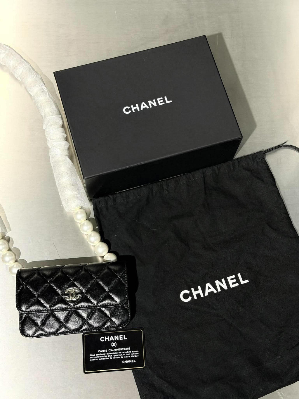 Chanel Black Quilted Maxi Pearls Wallet on Chain Bag