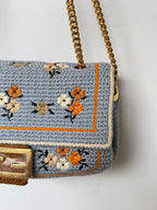 Fendi 2021 Light Blue Wool Knit Floral Baguette