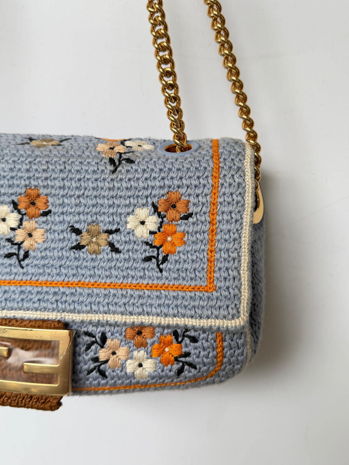 Fendi 2021 Light Blue Wool Knit Floral Baguette