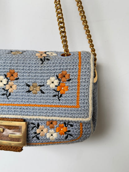 Fendi 2021 Light Blue Wool Knit Floral Baguette