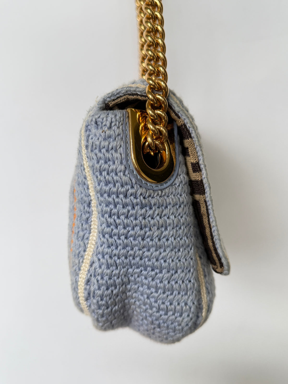 Fendi 2021 Light Blue Wool Knit Floral Baguette