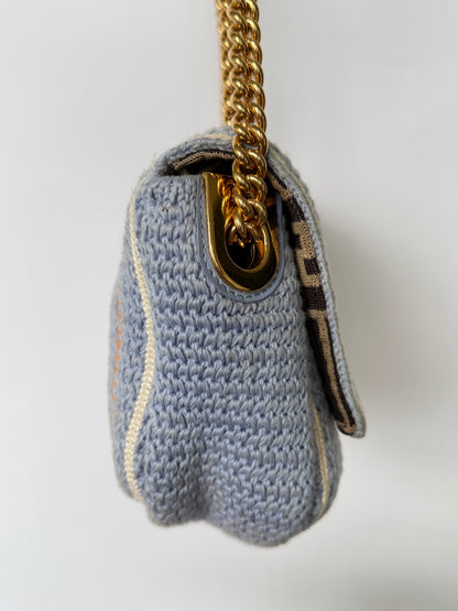 Fendi 2021 Light Blue Wool Knit Floral Baguette