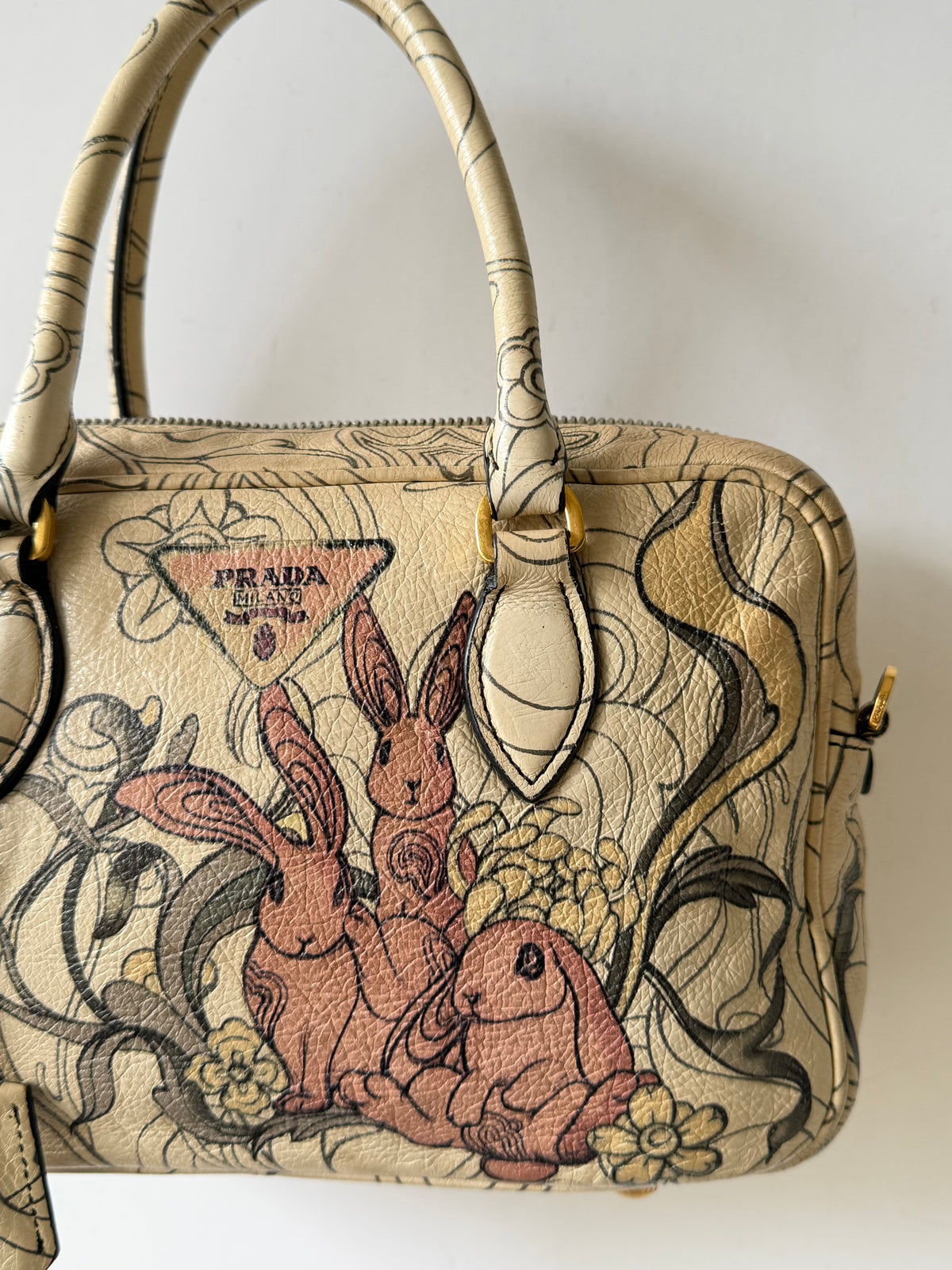 Prada x James Jean Glace Calf Rabbit Print Bauletto Opaline