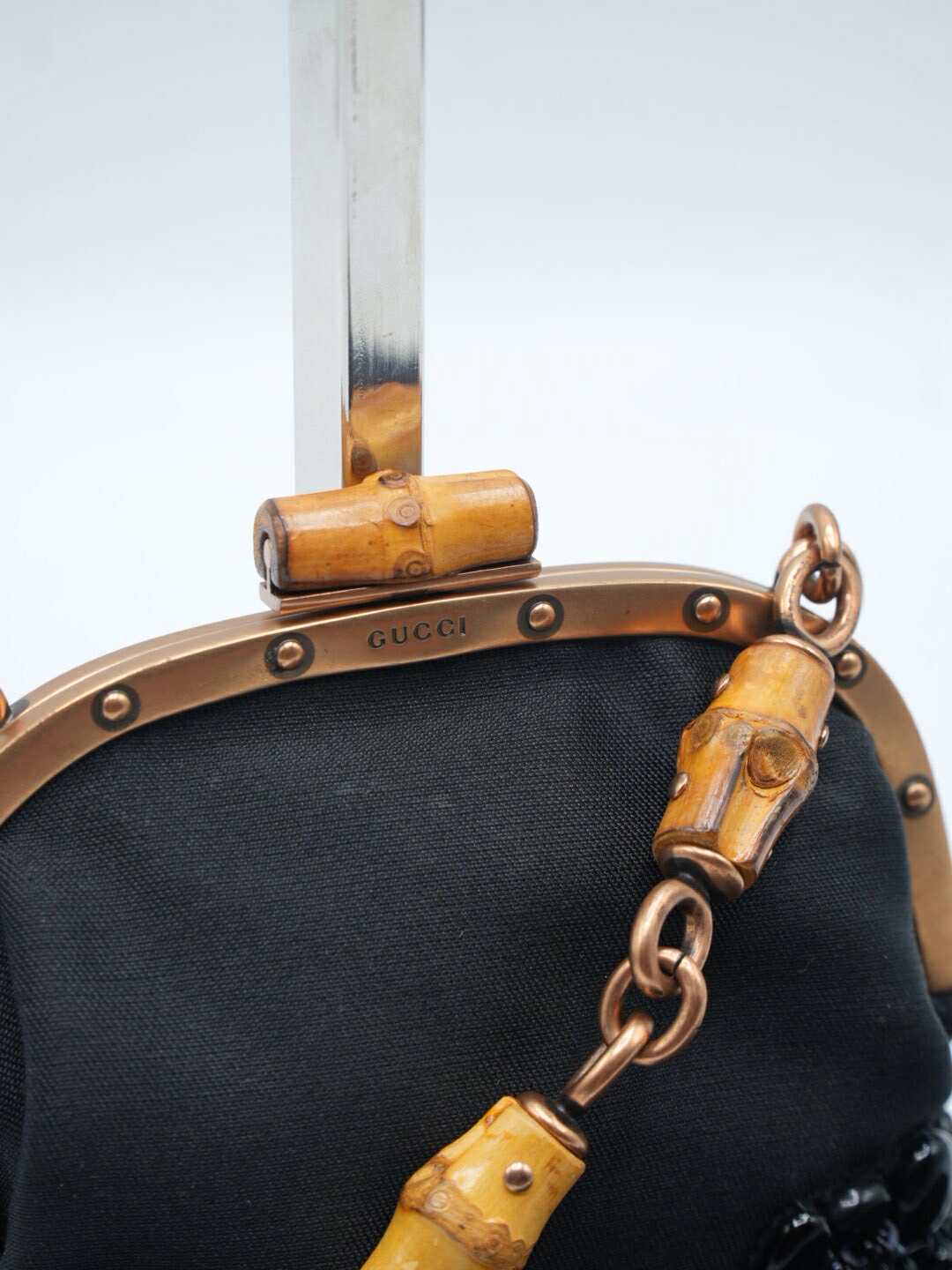 Gucci Black Satin Flower Embellished Bamboo Lock Mini Chain