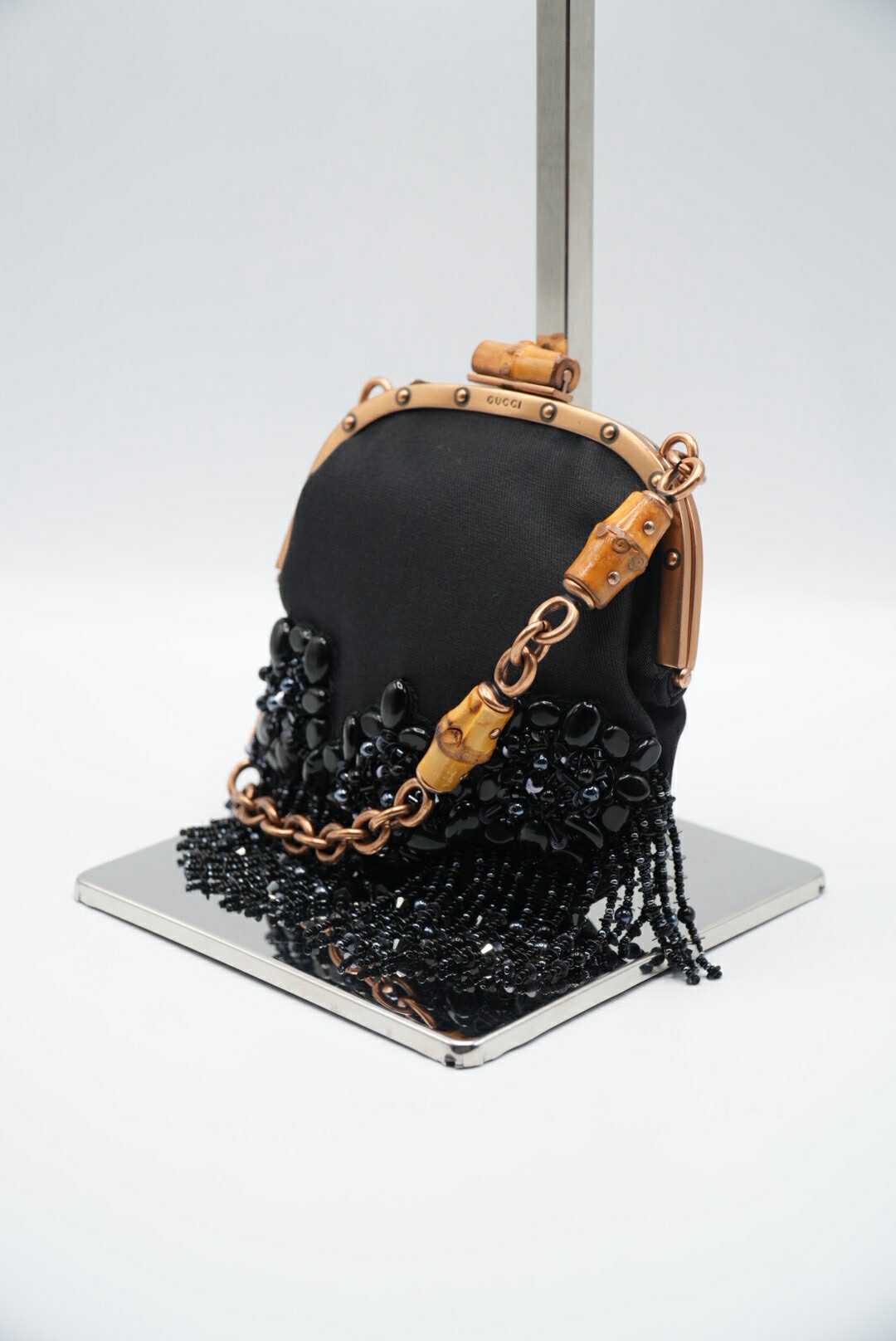 Gucci Black Satin Flower Embellished Bamboo Lock Mini Chain