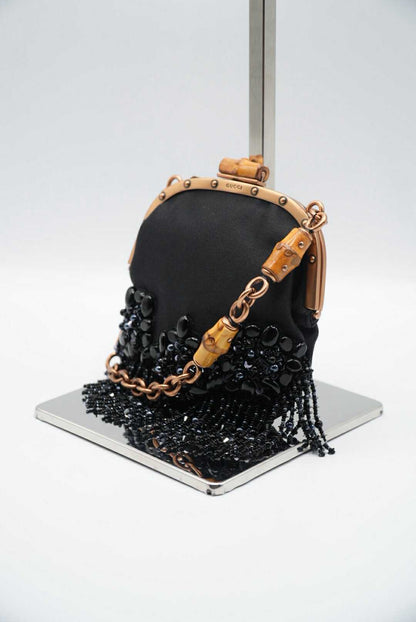 Gucci Black Satin Flower Embellished Bamboo Lock Mini Chain
