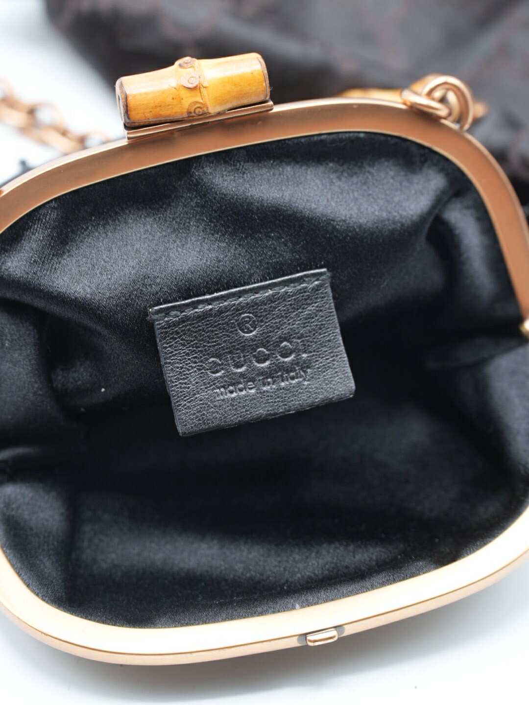 Gucci Black Satin Flower Embellished Bamboo Lock Mini Chain