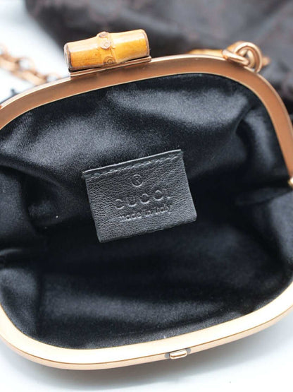 Gucci Black Satin Flower Embellished Bamboo Lock Mini Chain