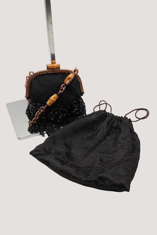 Gucci Black Satin Flower Embellished Bamboo Lock Mini Chain