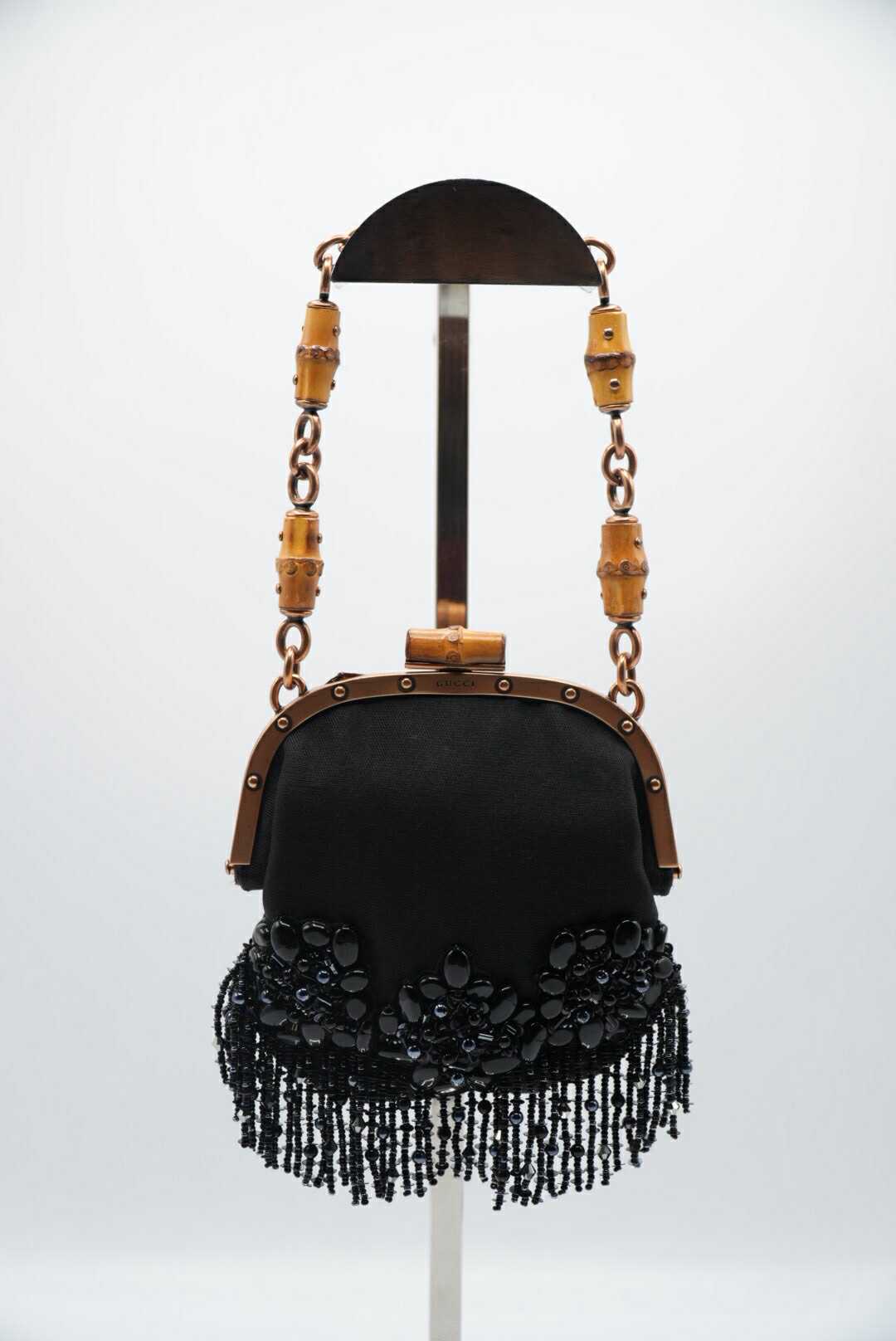 Gucci Black Satin Flower Embellished Bamboo Lock Mini Chain