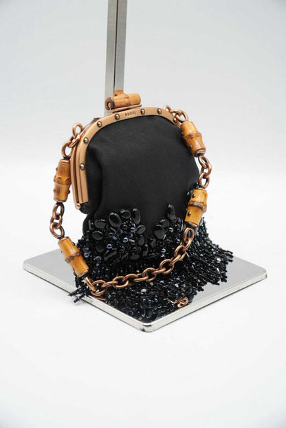 Gucci Black Satin Flower Embellished Bamboo Lock Mini Chain