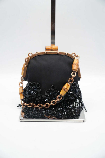 Gucci Black Satin Flower Embellished Bamboo Lock Mini Chain